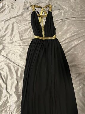Black Evening Prom Dress with Gold Trim - Strappy Chiffon Gown